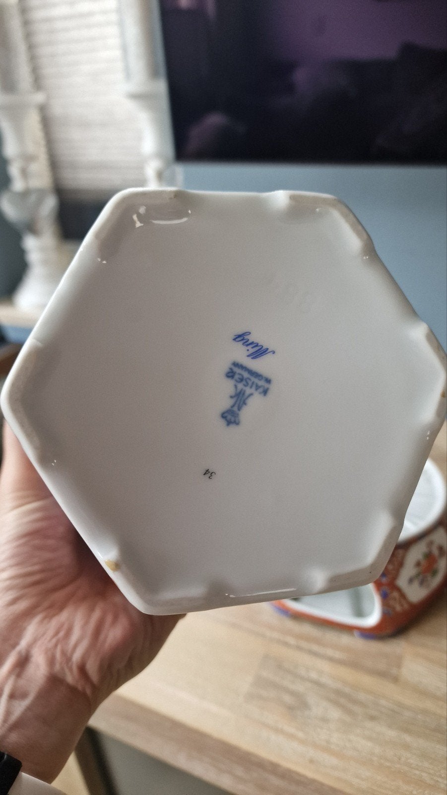 Vintage Zeshoekige Porseleinen Theepot met Theelicht, Ophalen of Verzenden
