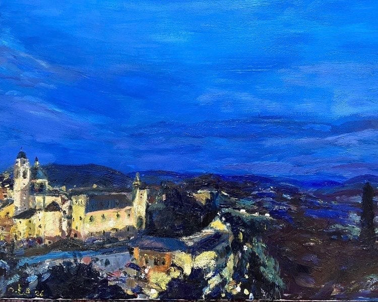 Schilderij Nacht in Urbino, olieverf op doek 40x50 cm, Ophalen