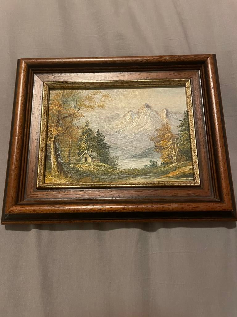 Schilderij berglandschap met hutje en meer, Antiek en Kunst, Kunst | Schilderijen | Klassiek, Ophalen of Verzenden