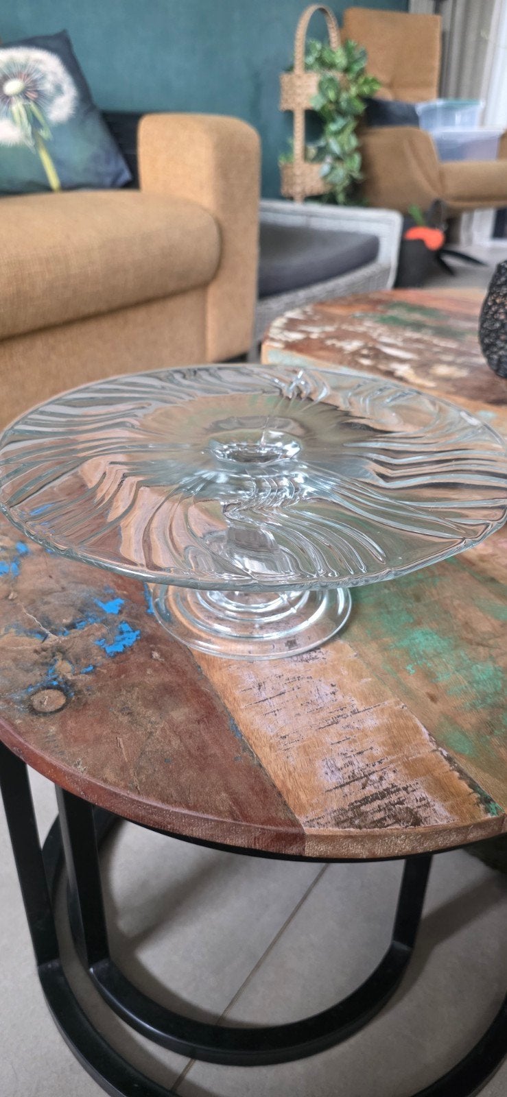 Glazen taartschaal / etagere, Ophalen, Gebruikt, Klassiek, Wit