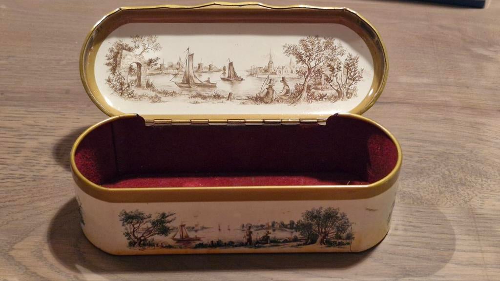 Vintage doosje voor lepeltjes met vissers tafereel, Ophalen of Verzenden