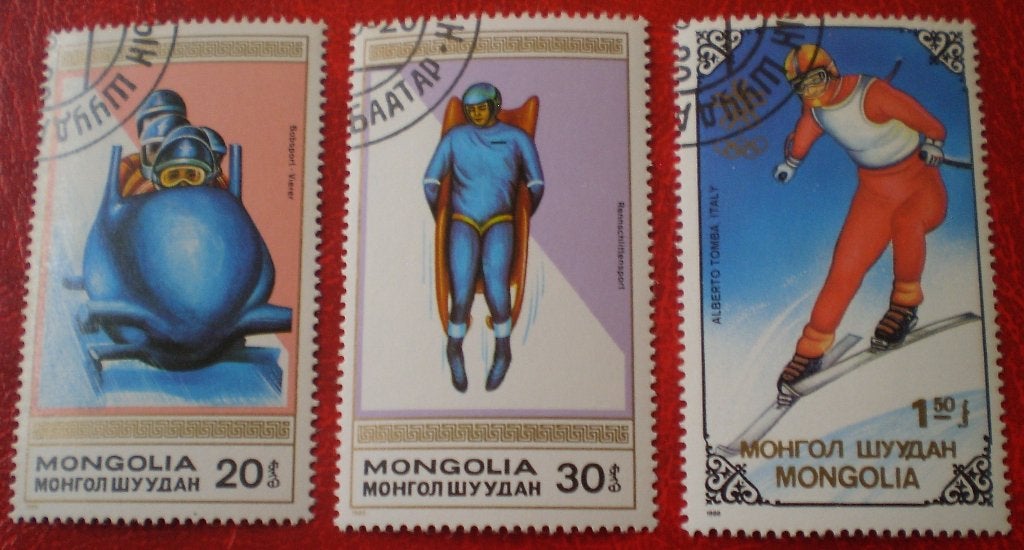 Mongolië - 3x Wintersporten - Skieën /Bobsleeën, Verzenden, Gestempeld, Sport