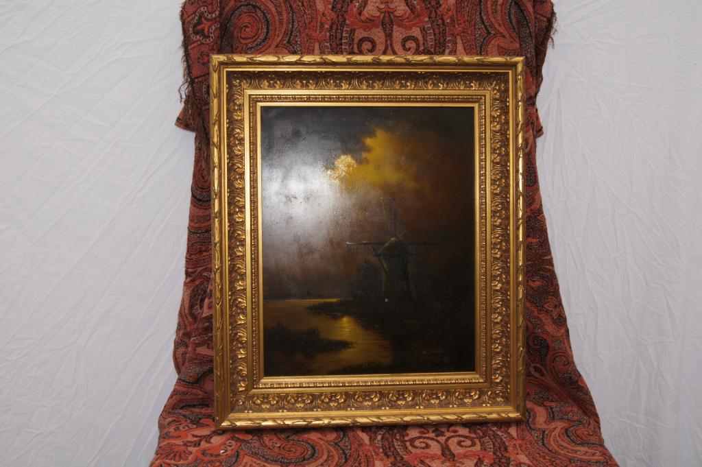 Schilderij met molen ( Paneel, Antiek en Kunst, Ophalen of Verzenden