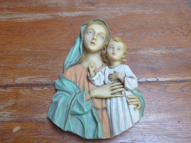 Vintage polystone wanddecoratie, Maria en Jezus