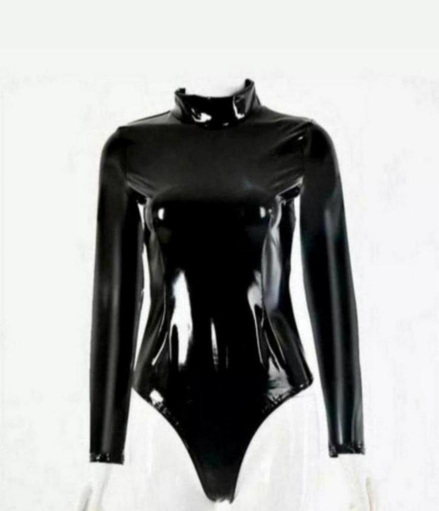 Mooie laklook body met rits en hoge hals, tm 3XL, Verzenden, Zwart, Body of Korset