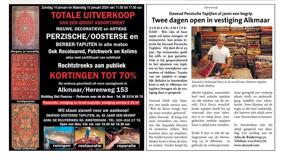 TOTALE UITVERKOOP – DAVOUD PERZISCHE TAPIJTEN! ( Alekmaar ), Ophalen of Verzenden, NA, NA, NA