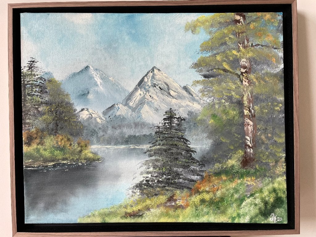 Olieverf schilderij: Berglandschap met meer, Doek, Ophalen of Verzenden, Landschap, Olieverf