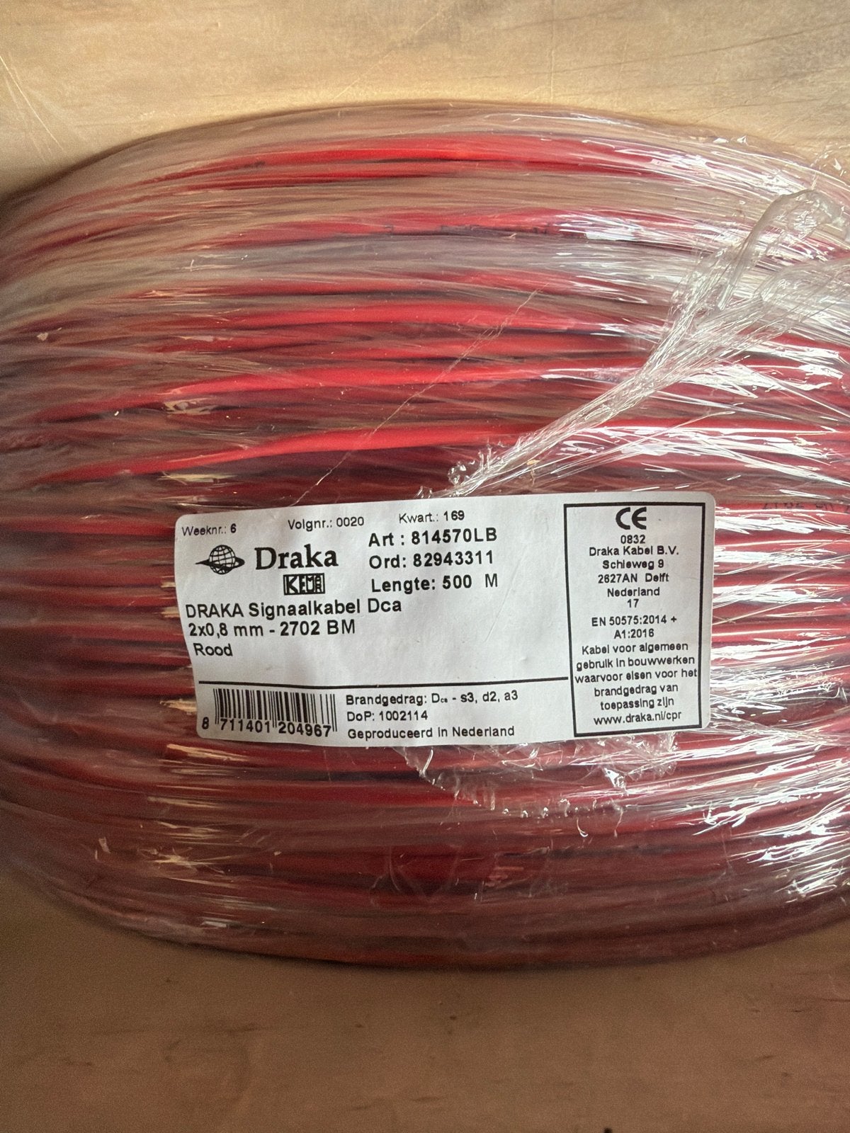 Draka Signaalkabel Dca 2x0.8 mm - 2702 BM Rood 500M, Ophalen of Verzenden, Nieuw, Draka, Kabel of Snoer