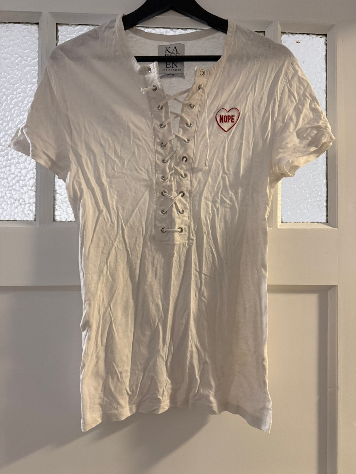 Zoe karssen shirt s small wit veters, Wit, Ophalen of Verzenden, Zo goed als nieuw, Korte mouw