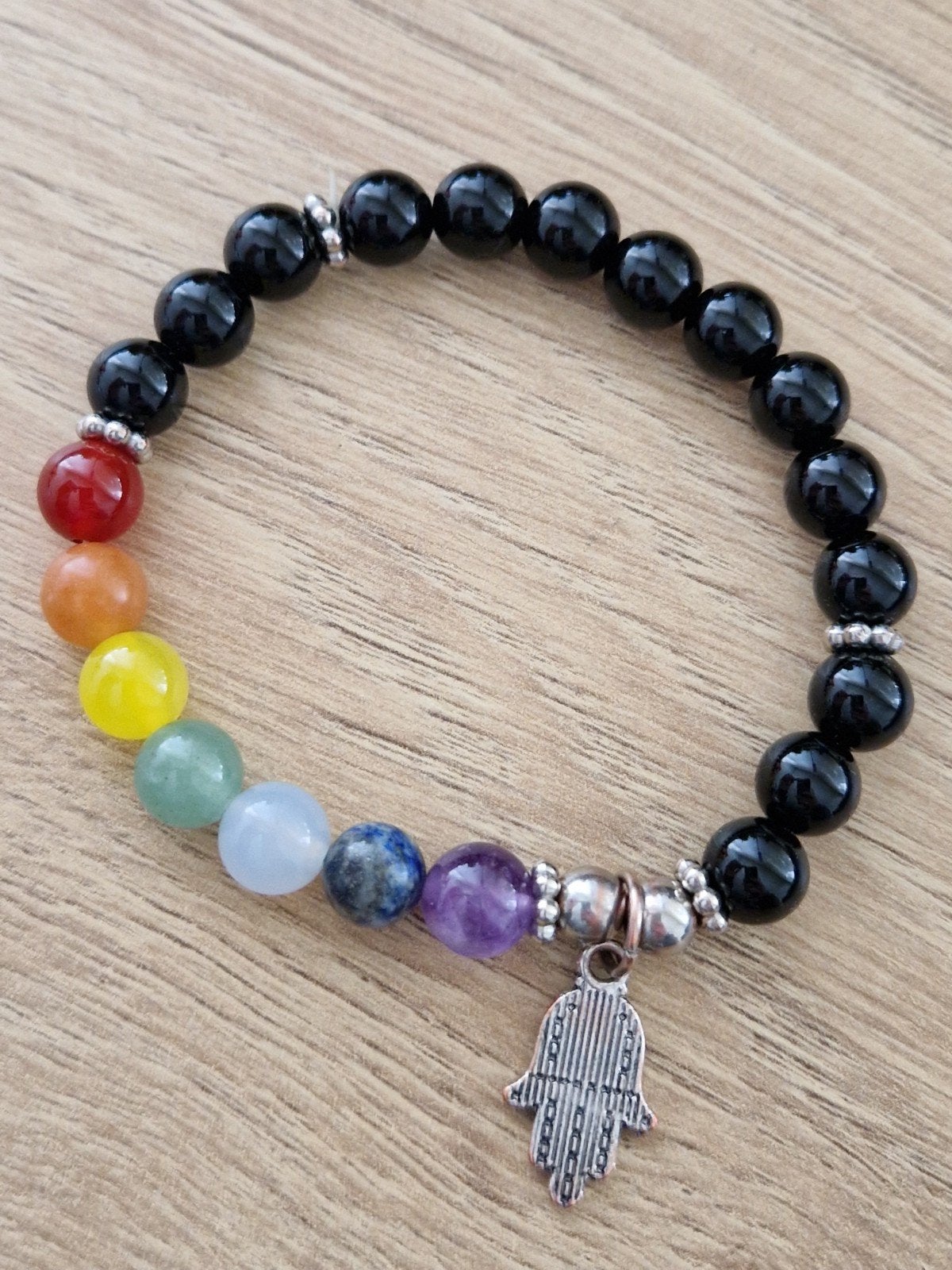 7 chakra edelsteen armband met hamsa handje, Zwart, Nieuw, Ophalen of Verzenden, Elastiek