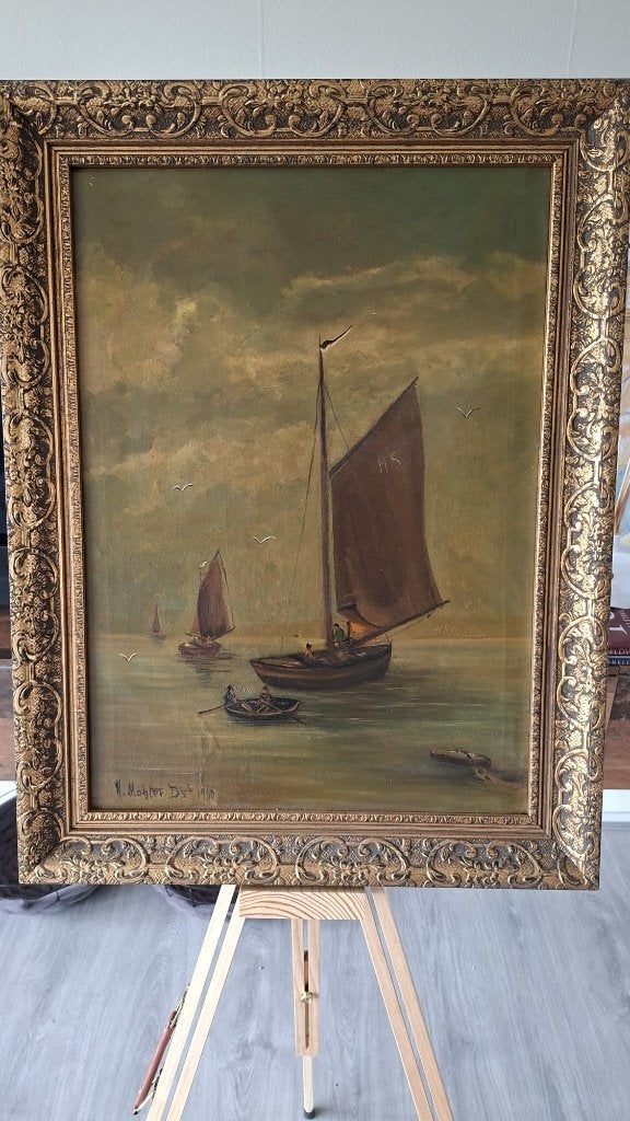 Antiek Zeegezicht Botters – H. Mahler (1900), Maritiem / water, Doek, Ophalen of Verzenden, Gesigneerd