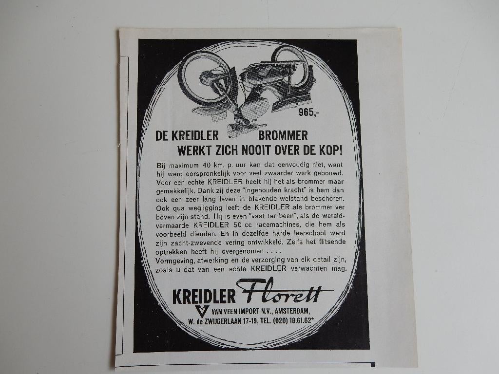 Kreidler Florett brommer reclame uit tijdschrift., Verzenden, 1960 tot 1980, Nederland, Knipsel(s)