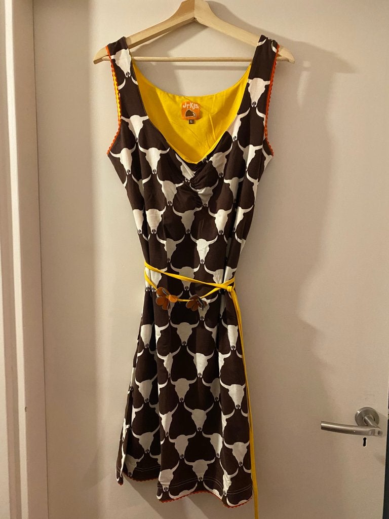 Retro Jurk - JrKjs van Halsoverkop  - XL, Bruin, Maat 46/48 (XL) of groter, Ophalen of Verzenden, Zo goed als nieuw