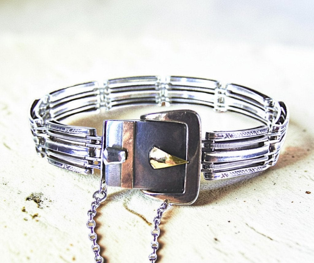 Prachtige 800 zilver ART DECO gesp armband gouden accenten!, Verzenden, Zo goed als nieuw, X, Zilver
