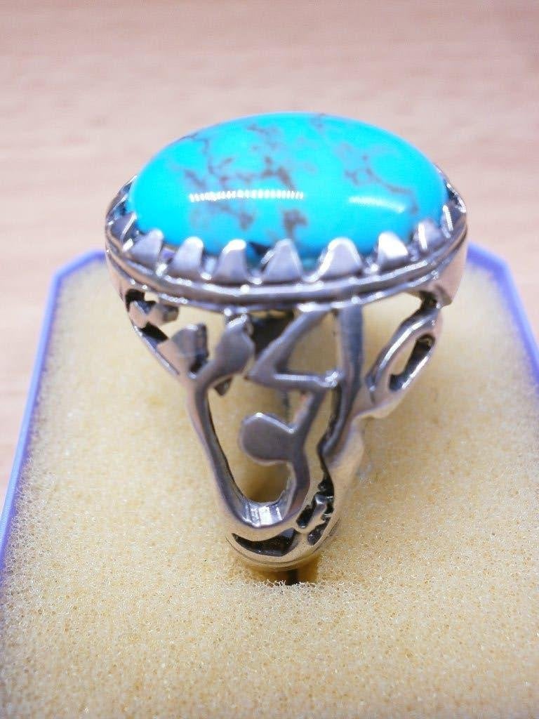 %100 Perzisch turkoois ring zeldzaam kalligrafie design Ali, Ophalen, Blauw, 19 tot 20, Zo goed als nieuw