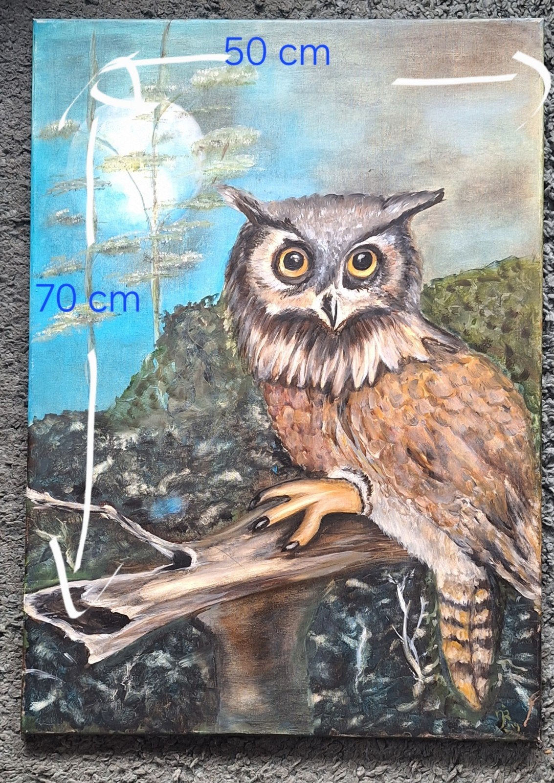 Uniek handgeschilderd uil schilderij (50x70 cm), 50 – 75, Oorspronkelijke maker, Nieuw, Ophalen of Verzenden