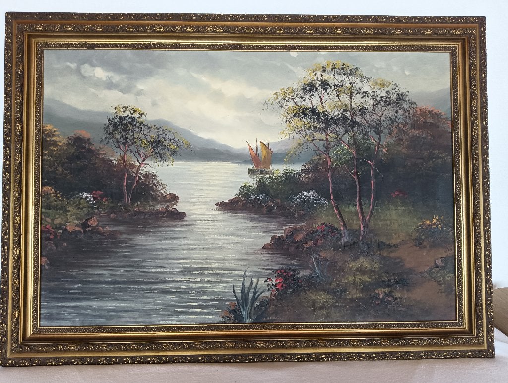 Schilderij waterplas met boot, Maritiem / water, Doek, Overige technieken, Bijzondere lijst