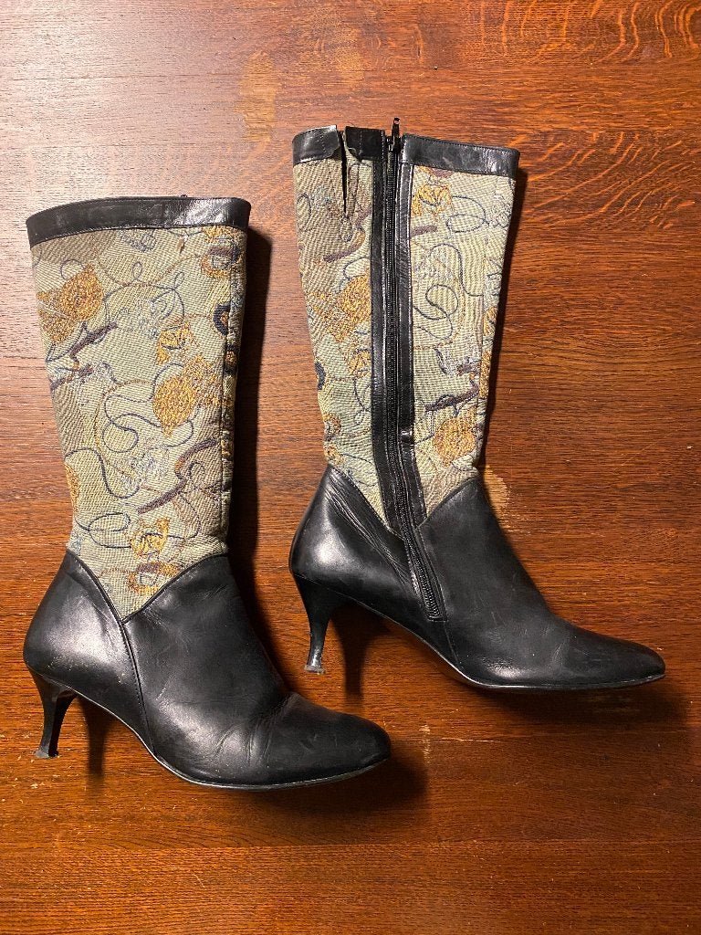 Vintage laarzen met gobelin stof en leer maat 41, Kleding | Dames, Schoenen, Hoge laarzen, Zwart, Ophalen of Verzenden, Onbekend