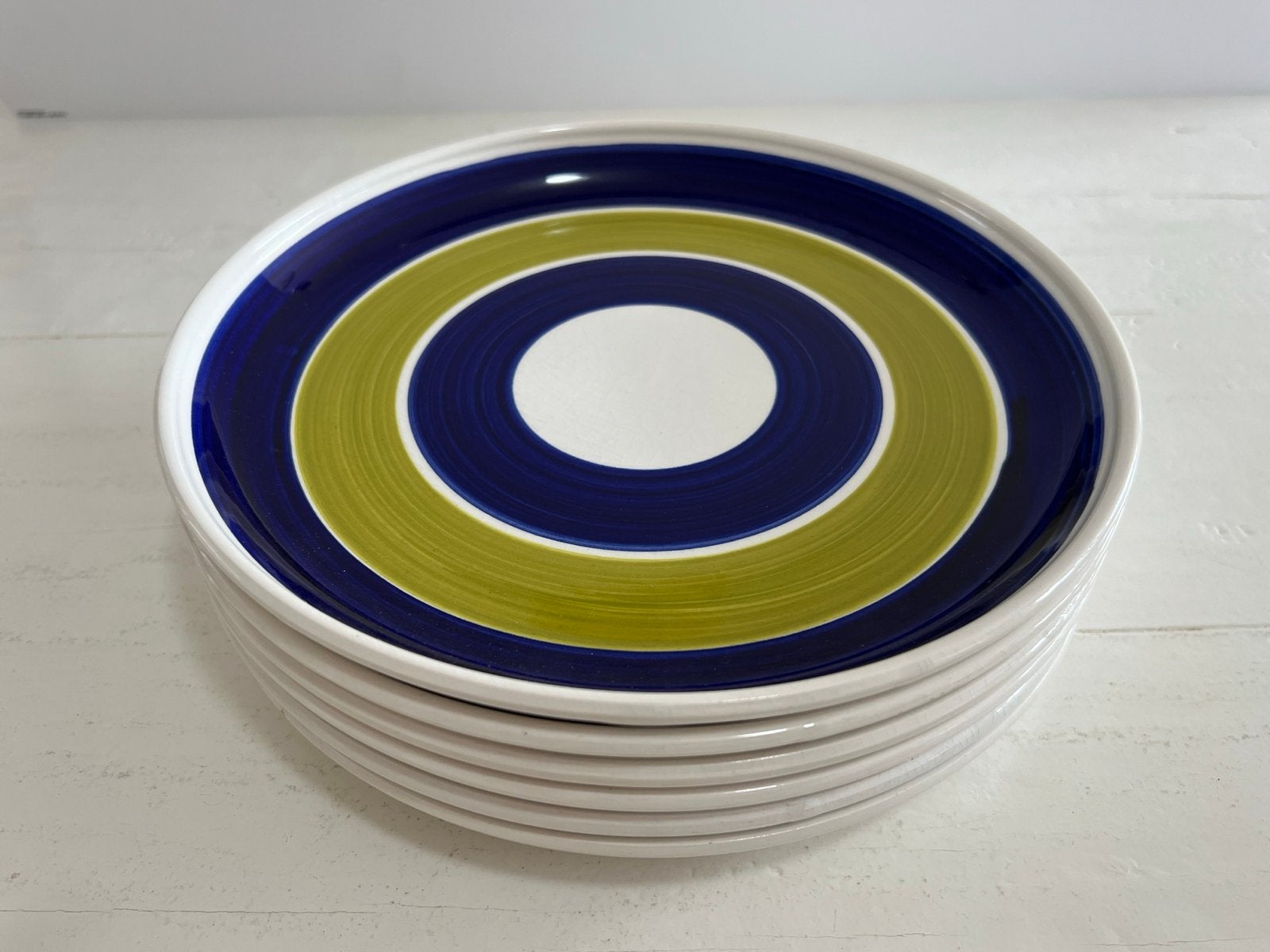 Set van 6 vintage borden met blauw en groen patroon, Gebruikt, Keramiek, Vintage, Ophalen of Verzenden
