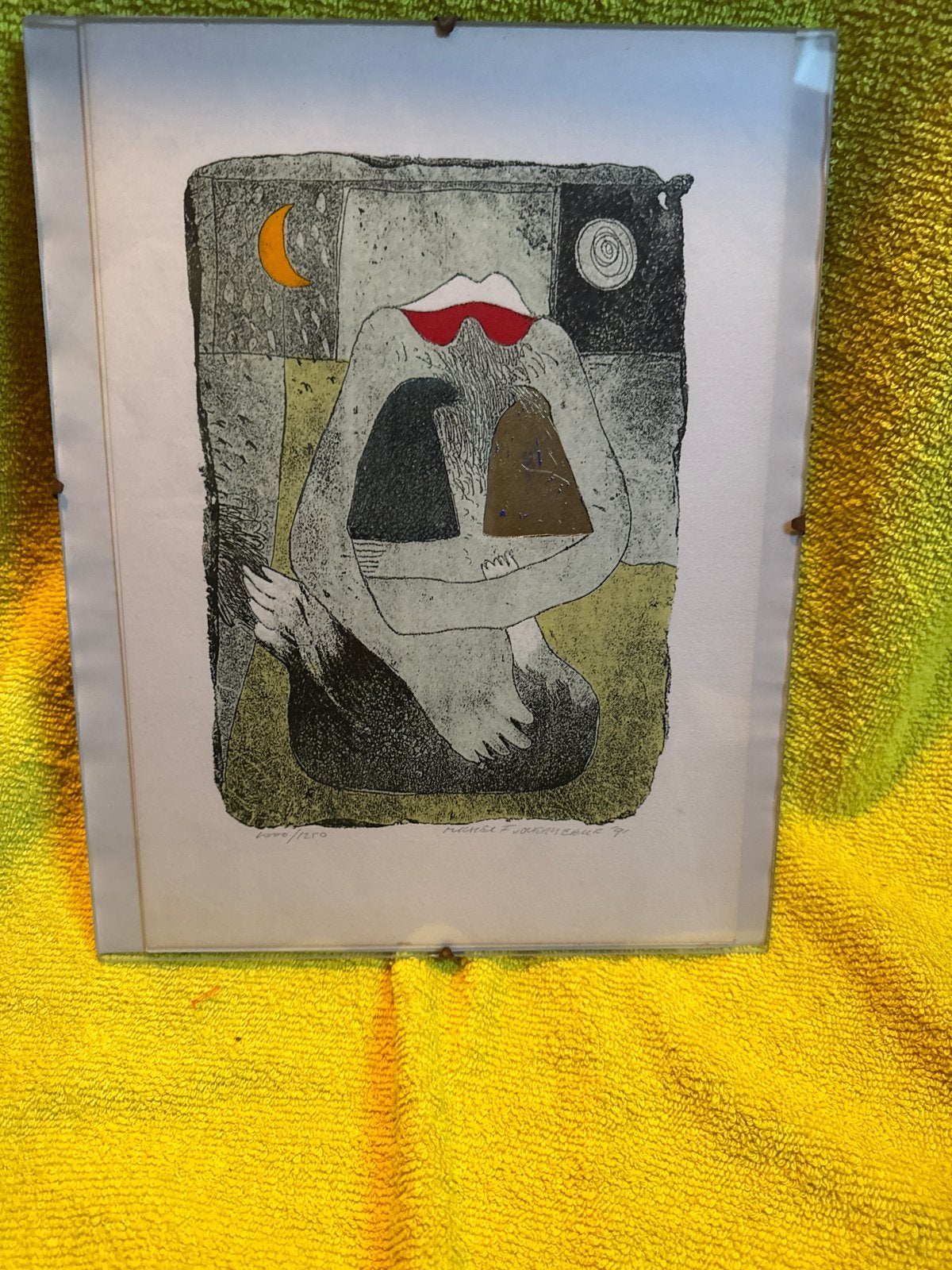 Abstracte Ets met Figuur en Hemellichamen, gesigneerd, Dagelijks leven, Ophalen of Verzenden, Gesigneerd, 1950 - 1999
