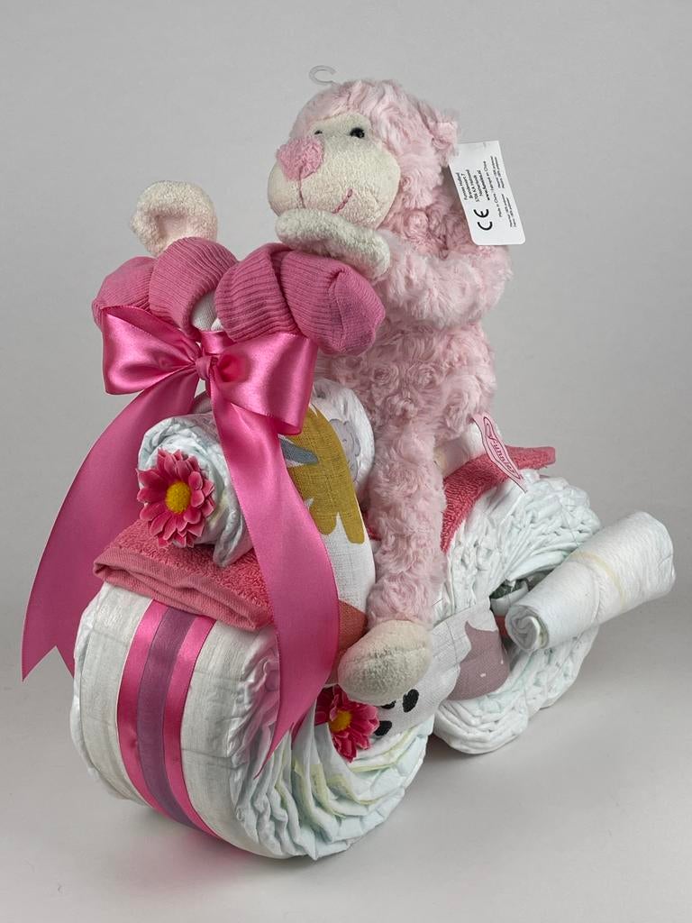 Luiertaart motor luiermotor meisje aap roze, Kinderen en Baby's, Kraamcadeaus en Geboorteborden, Ophalen of Verzenden, Zo goed als nieuw