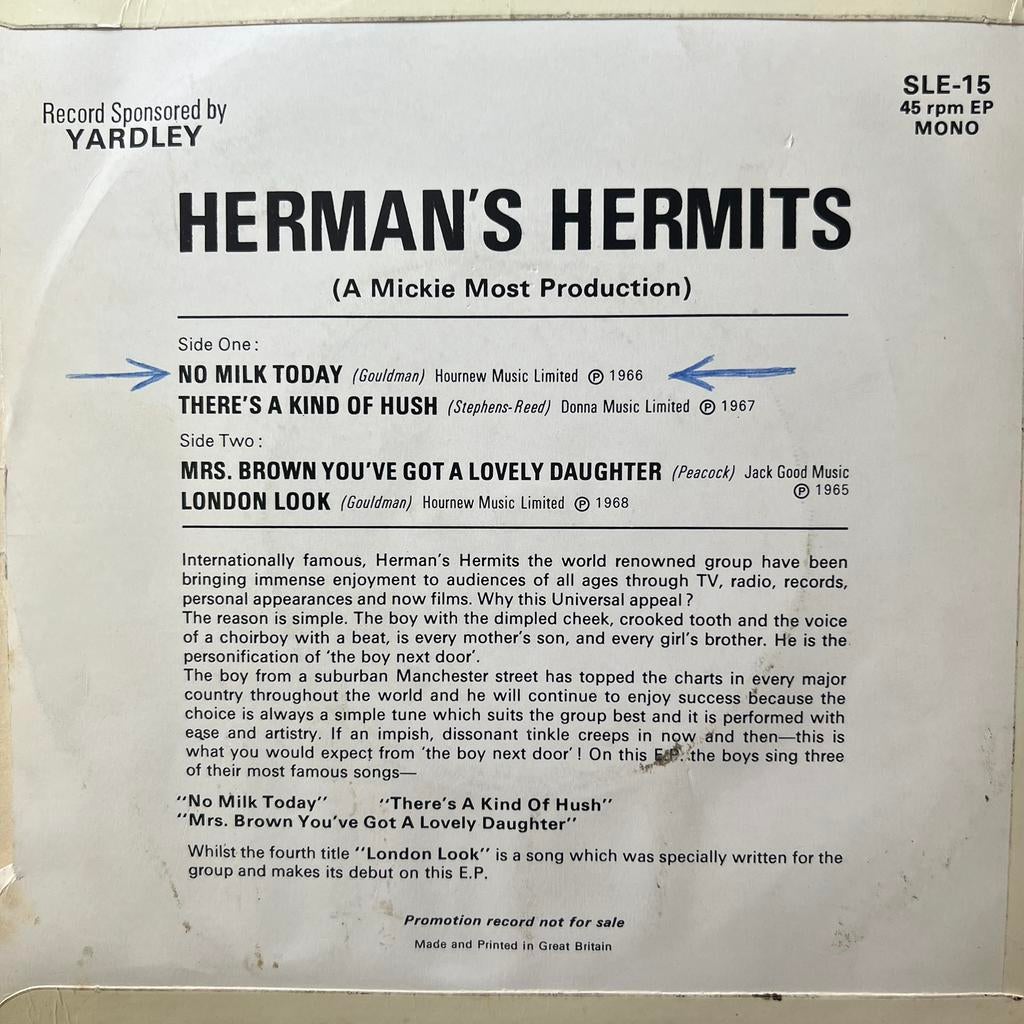 Herman’s Hermits - No Milk Today & 3 andere nummers EP 45RPM, Ophalen of Verzenden, Zo goed als nieuw, Pop
