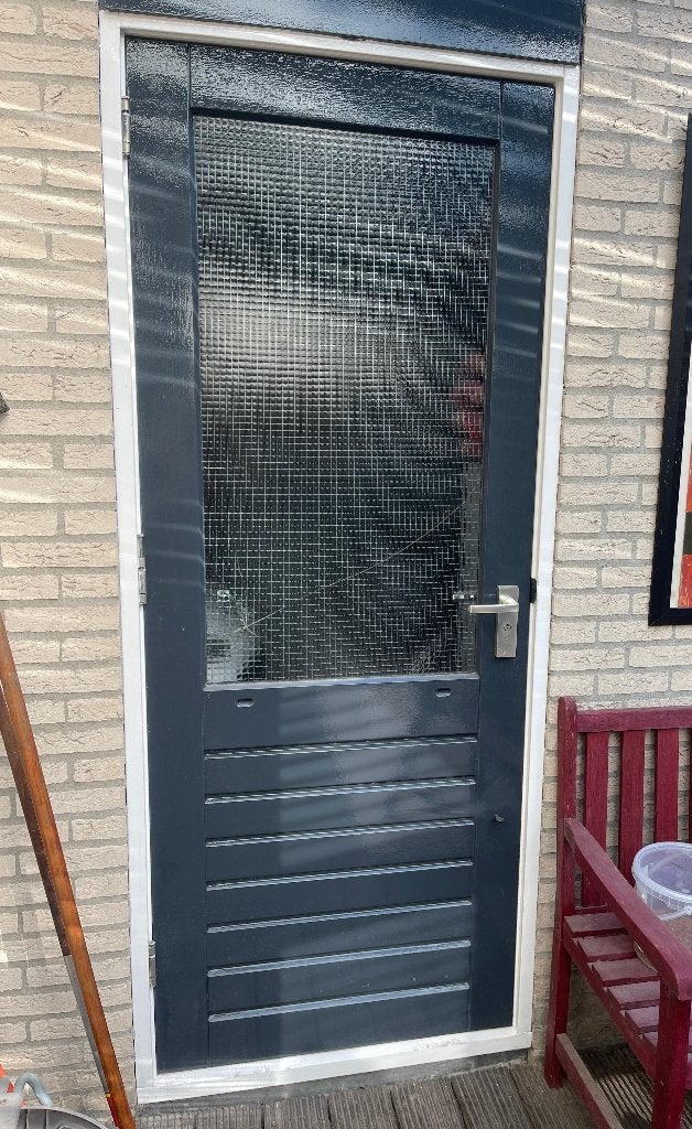 Hardhouten buitendeur 211 x 82,5 cm met draadglas, Ophalen, Gebruikt, 80 tot 100 cm, Buitendeur