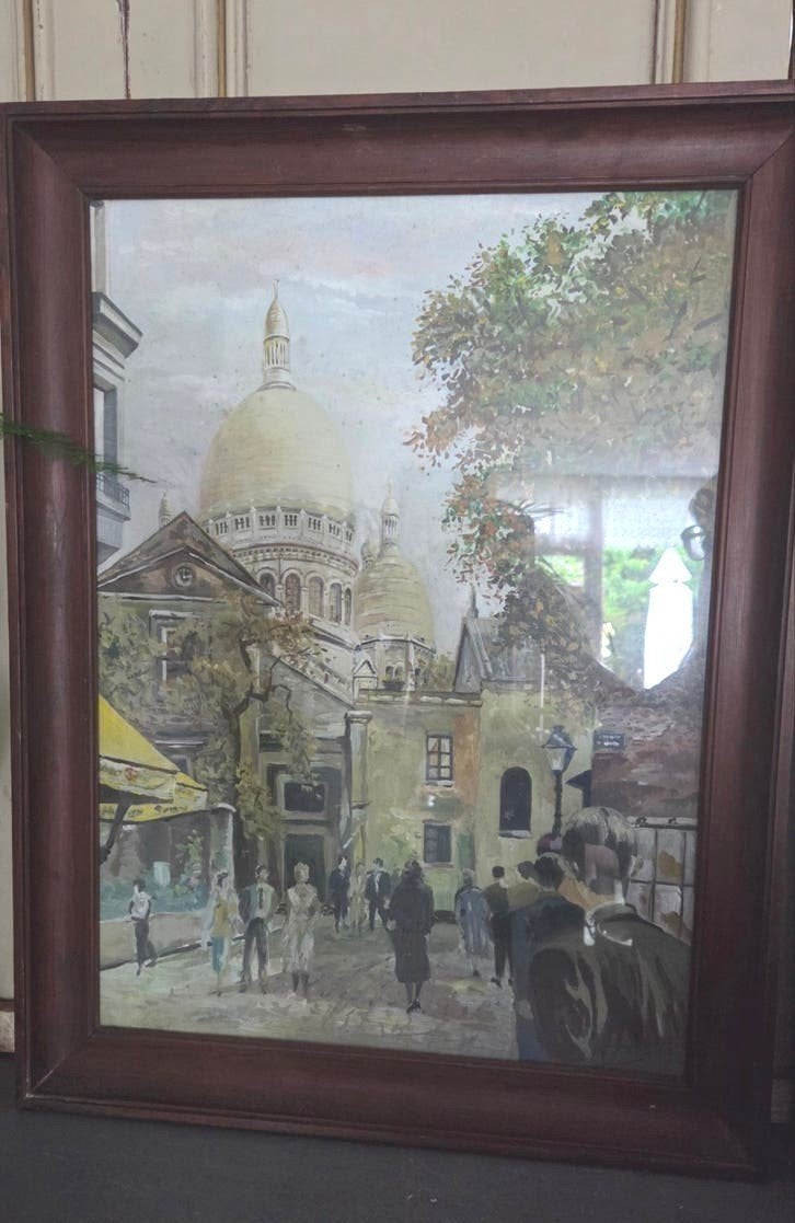Groot gesigneerd pastel schilderij van Parijs ca 1950, Ophalen