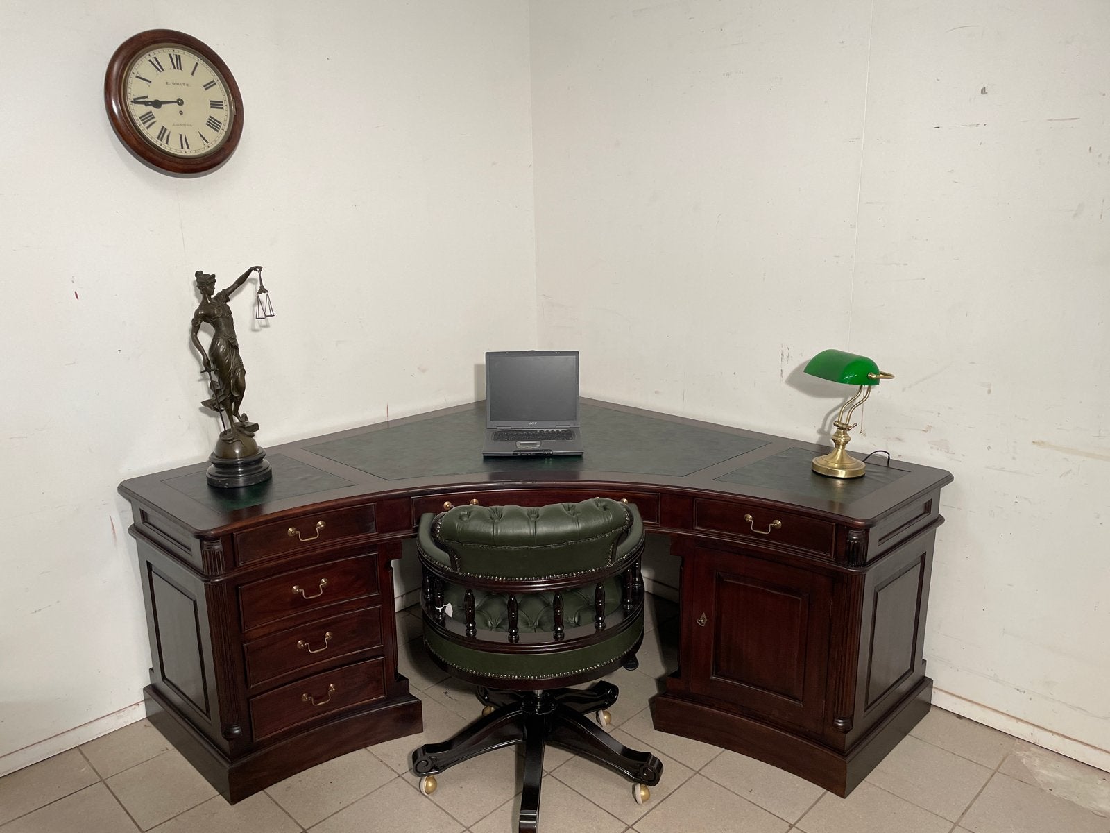 Mahonie Hoekbureau 180x180 cm met Groen Inlegwerk, Huis en Inrichting, Ophalen, Hout, 180 cm, Hoekbureau