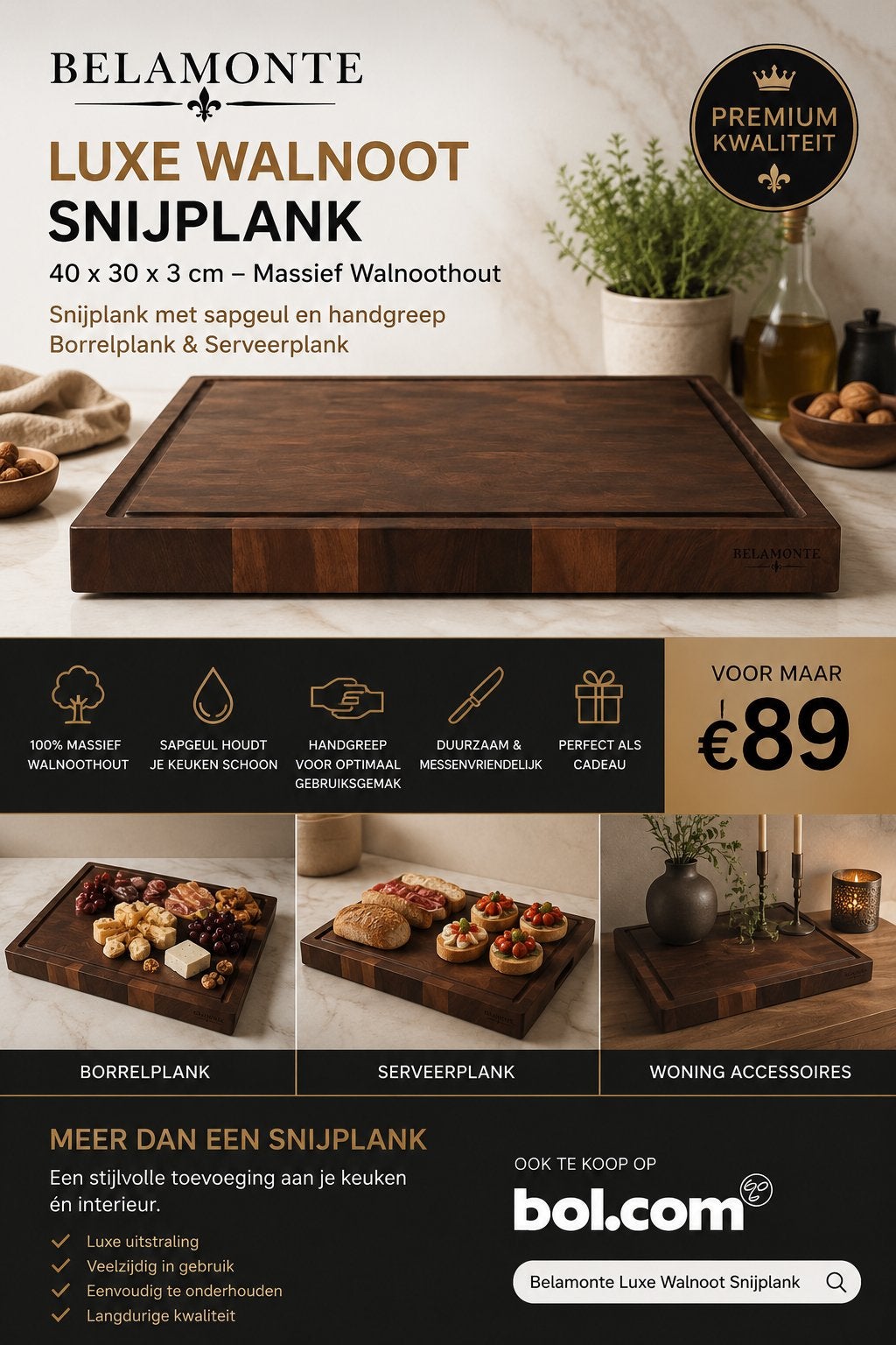 Belamonte Luxe Walnoot Snijplank - 40x30x3 cm, Verzenden, Hout, Snij-/serveerplank, Nieuw