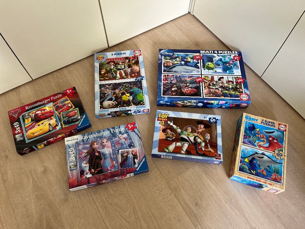 Set van zes Disney puzzels, Gebruikt, Van hout, 4 tot 6 jaar, Meer dan 50 stukjes