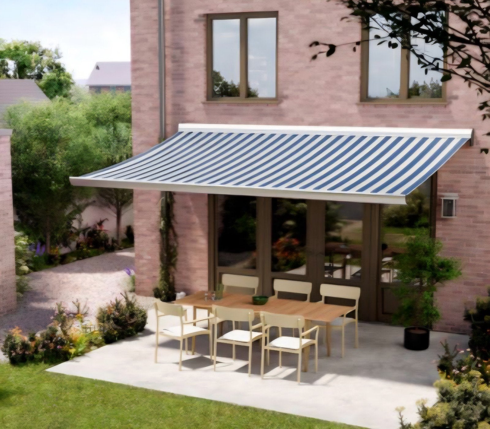 Knikarmscherm - Nieuw in doos - Blauw/Wit gestreept, Ophalen, Nieuw, 150 tot 300 cm, 250 cm tot 450 cm