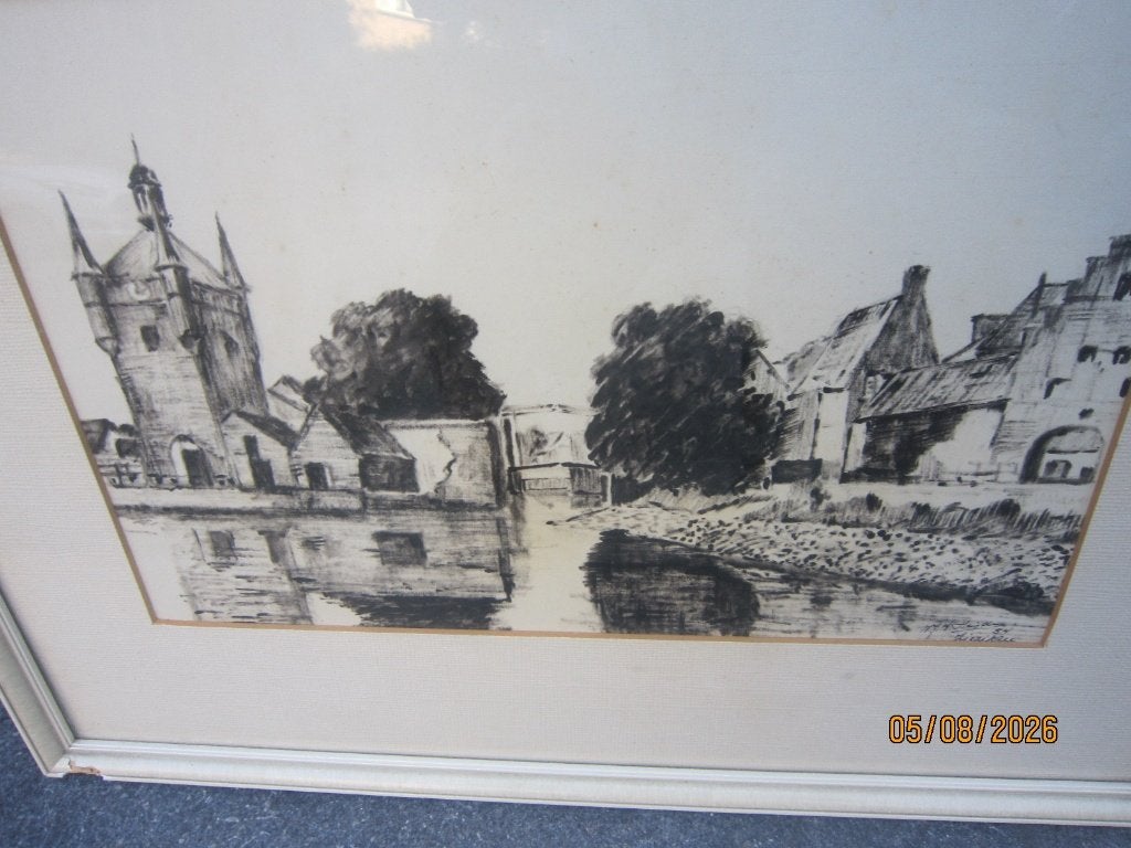 ZIERIKZEE, Mooie gesign Tekening Noord/Zuid Havenpoort, Antiek en Kunst, Ophalen of Verzenden, Tekening, Potloodtekening