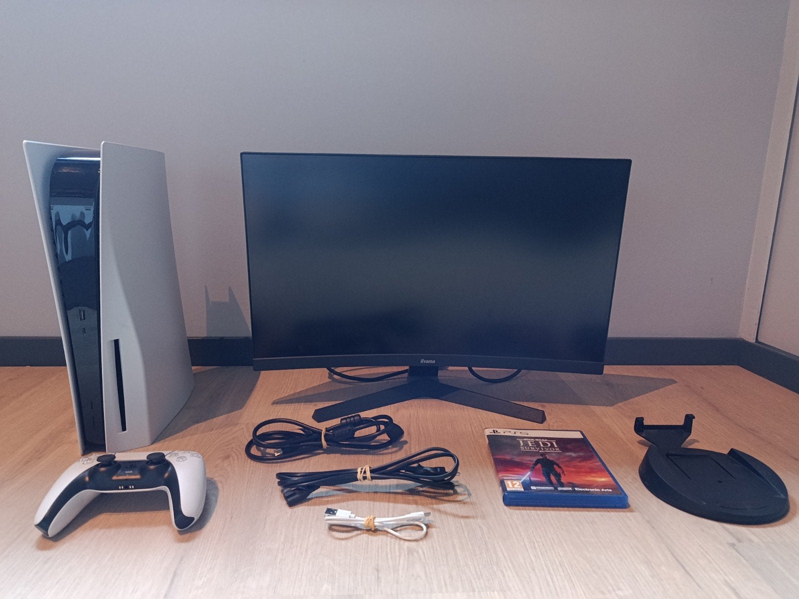 PS5 Disc Edition met monitor en Star Wars Jedi Survivor, Online, 1 speler, Zo goed als nieuw, Vanaf 12 jaar