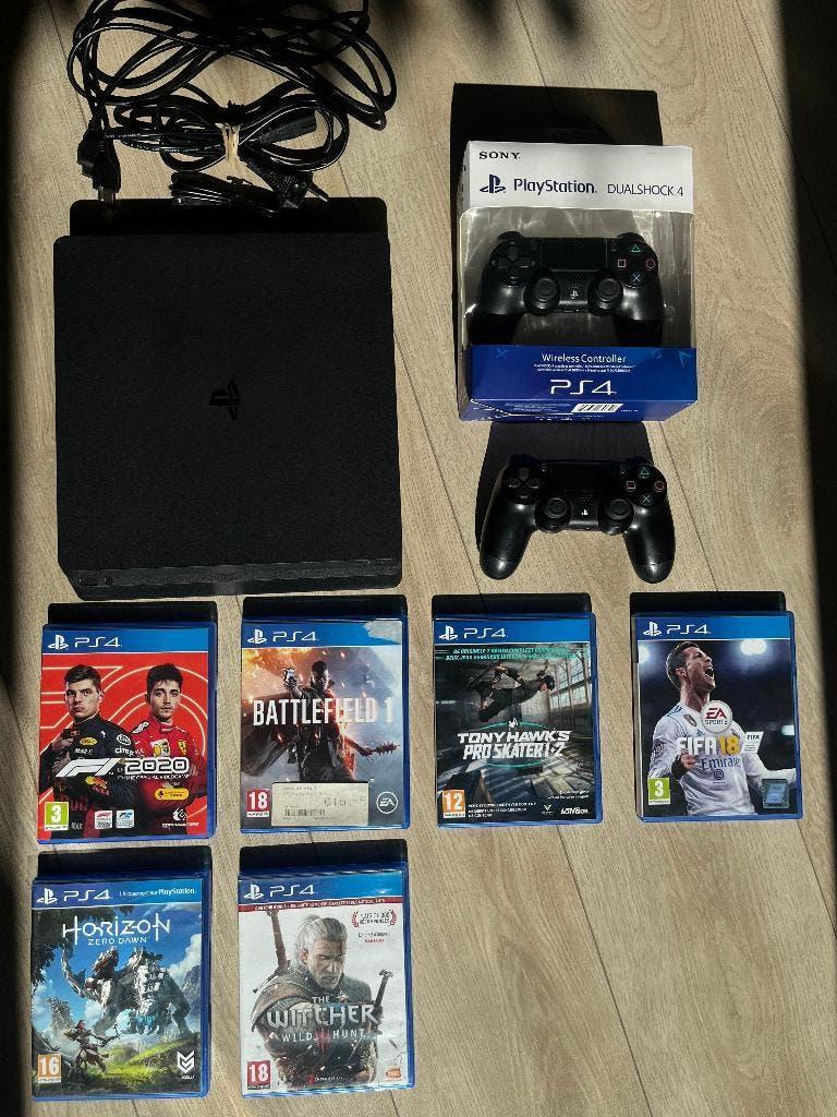 Playstation 4 Slim 500GB 12.50 + 2 controllers + 6 games, Met 2 controllers, Ophalen of Verzenden, Zo goed als nieuw, Slim