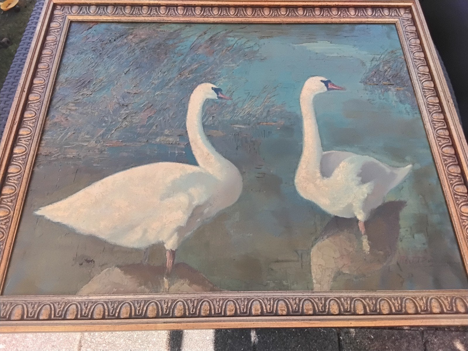 Gesigneerd schilderij zwanen-paar, Acrylverf, Doek, Dieren, Ophalen