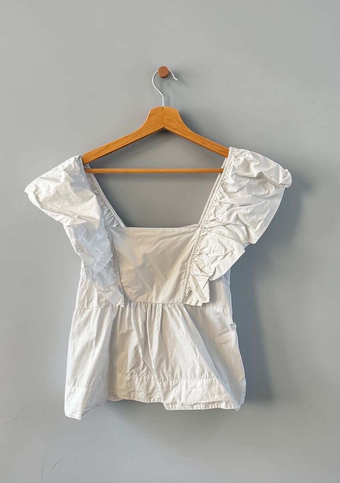 Ganni ruffle blouse top wit maat 42 past ook 40 en 38, Maat 38/40 (M), Wit, Ophalen of Verzenden, Zo goed als nieuw