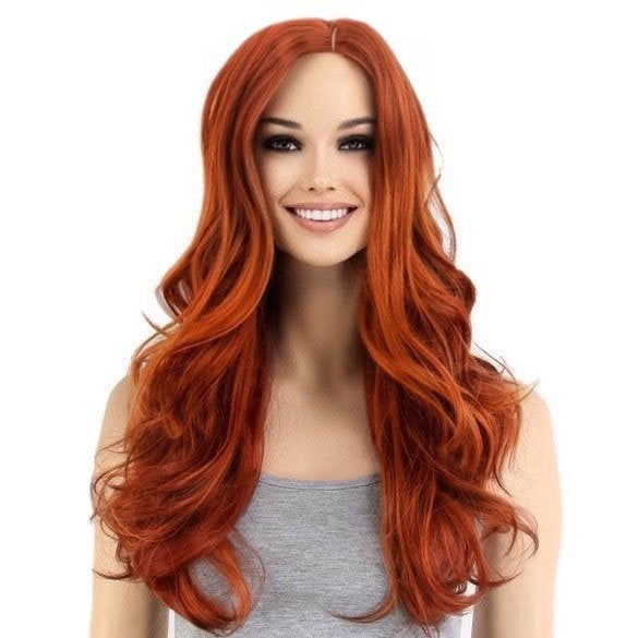 Luxe carnaval pruik lang koperrood haar met krullen, Ophalen of Verzenden, Nieuw, Pruik of Haarverlenging