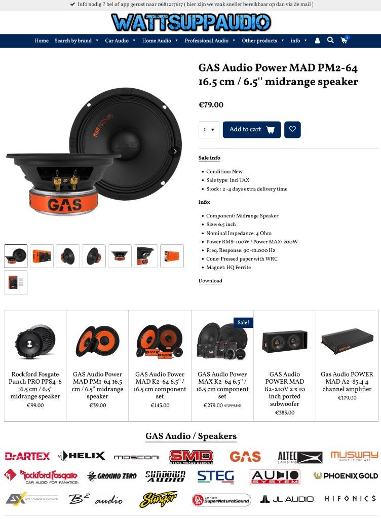 GAS Audio Power MAD PM2-64 16.5 cm / 6.5'' midrange speaker, Info@optimount.nl, Nieuw, Ophalen of Verzenden, Anholtseweg 48A 7091 HB DINXPERLO