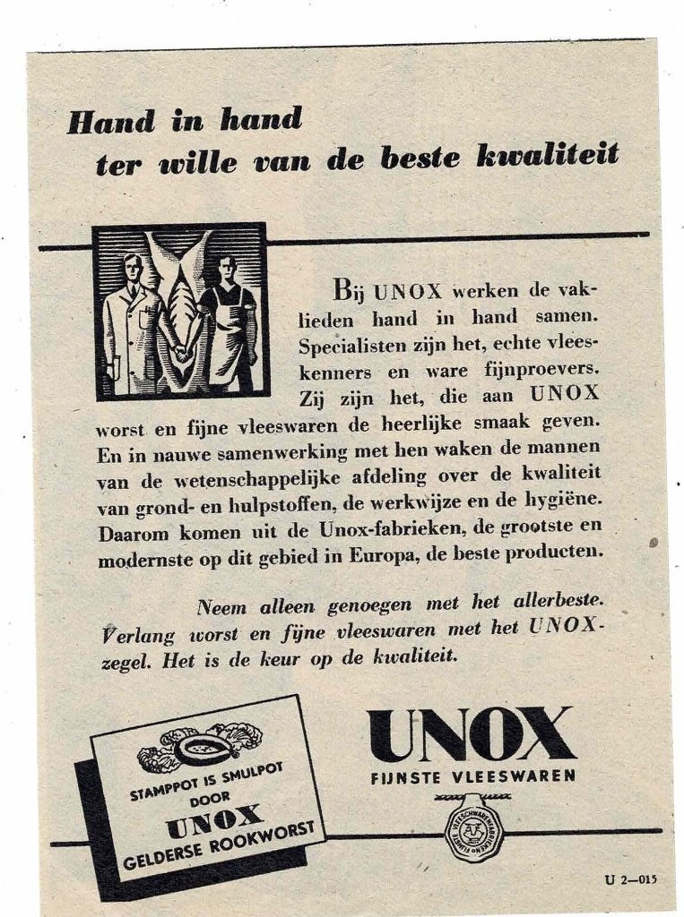 Hand in hand voor de beste kwaliteit UNOX Vleeswaren 1937, Verzamelen, Merken en Reclamevoorwerpen, Verzenden, Zo goed als nieuw
