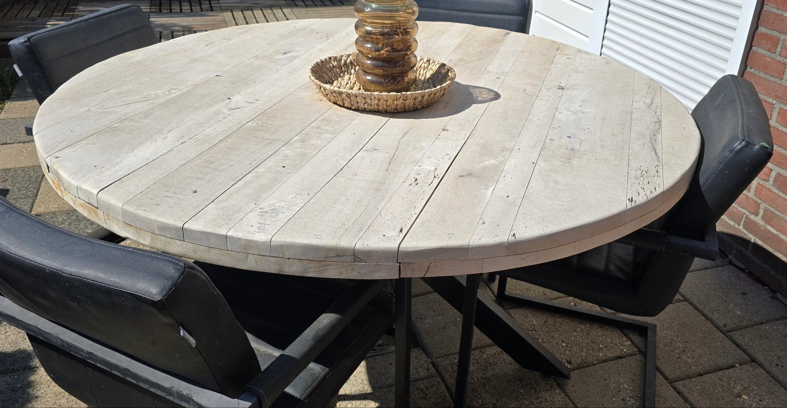 Mango houten tafel + gratis stoelen, Ophalen, Gebruikt, Rond, 100 tot 150 cm