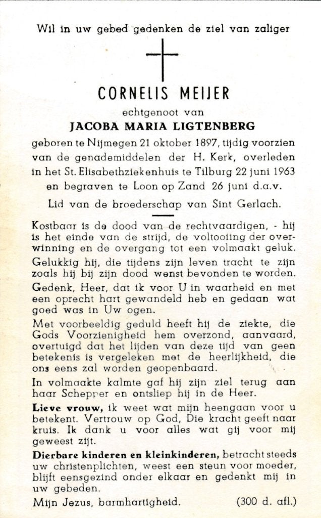 Meijer Cornelis 1897 Nijmegen 1963 Tilburg, Ophalen of Verzenden, Bidprentje