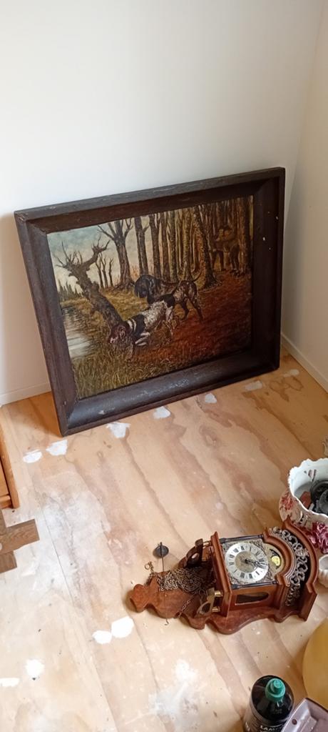 Antiek schilderij met jachthonden en boslandschap, Antiek en Kunst, Kunst | Schilderijen | Klassiek, Ophalen