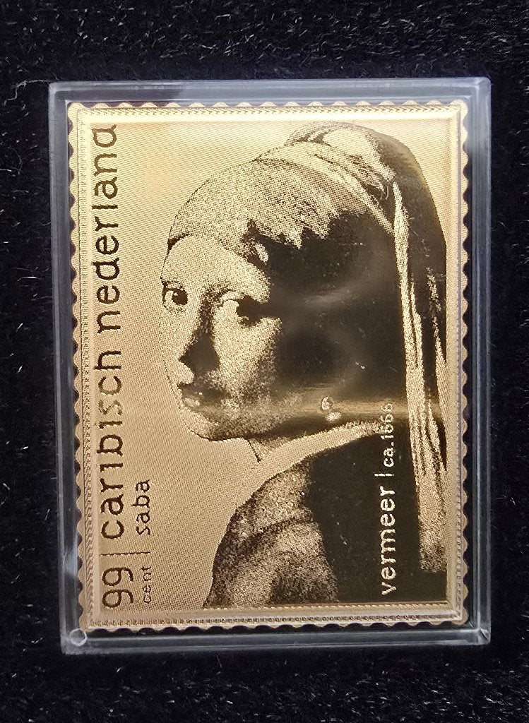 Gouden postzegel Meisje met de Parel (Saba), Ophalen of Verzenden, Na 1940, Postfris