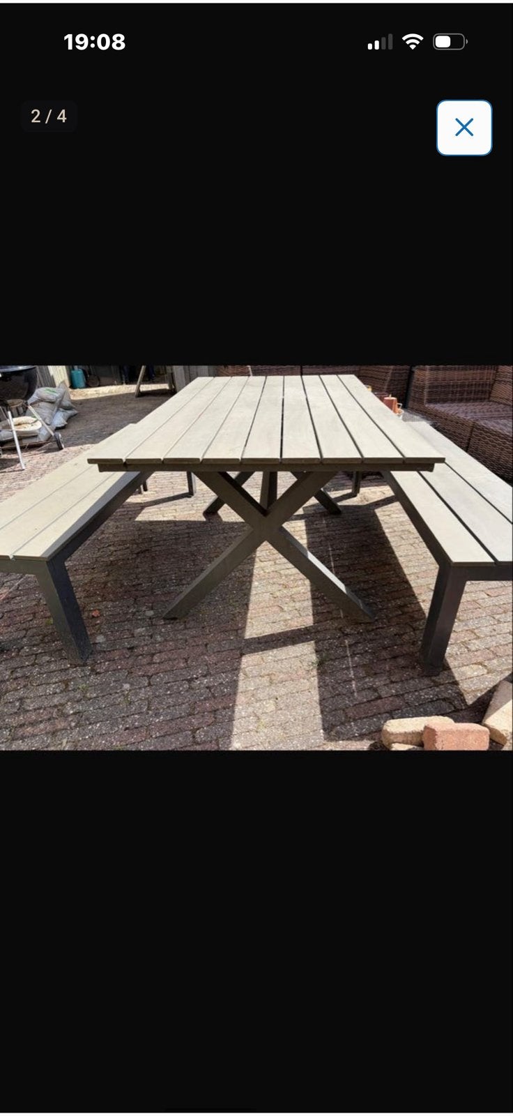 Tafel Twee banken Merk B7 Club Villa,  kunststof composiet, Tuin en Terras, Picknicktafels, Ophalen, Zo goed als nieuw, Rechthoekig
