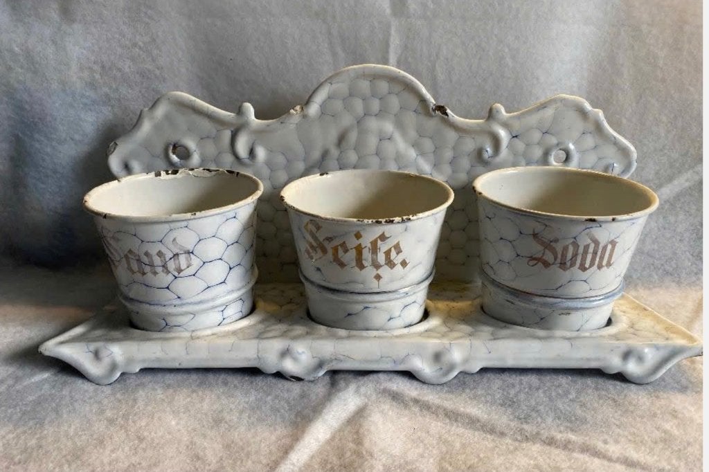Duits emaille set antiek zand zeep soda, vaste prijs, Antiek en Kunst, Antiek | Emaille, Ophalen of Verzenden