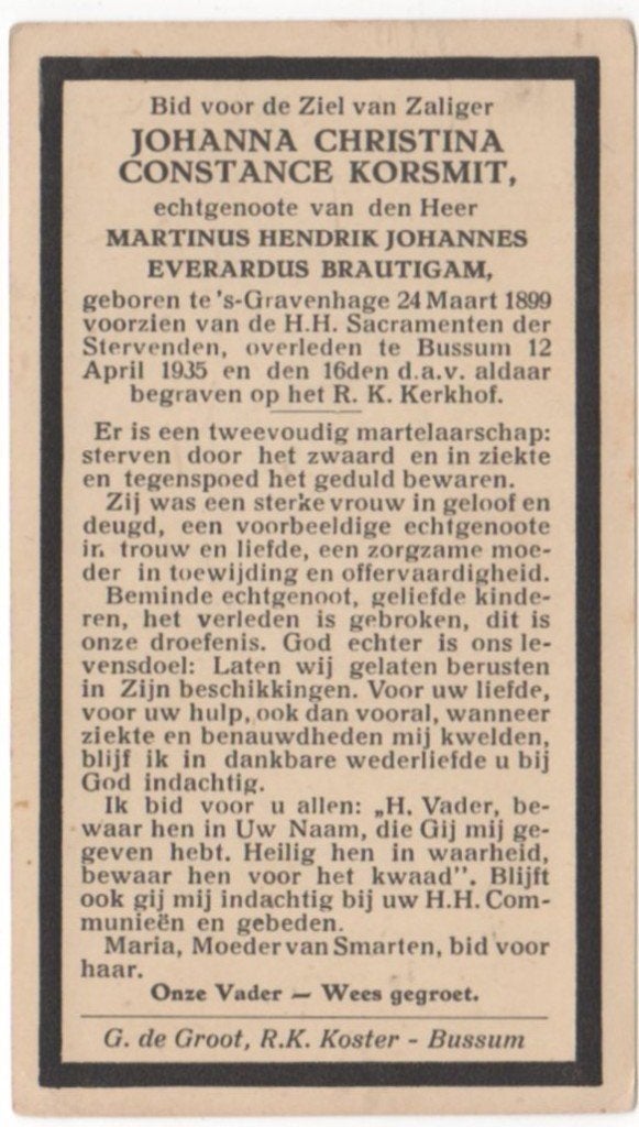 Johanna C.C. Korsmit 1899 Den Haag + 1935 Bussum, 36 jaar, Verzenden