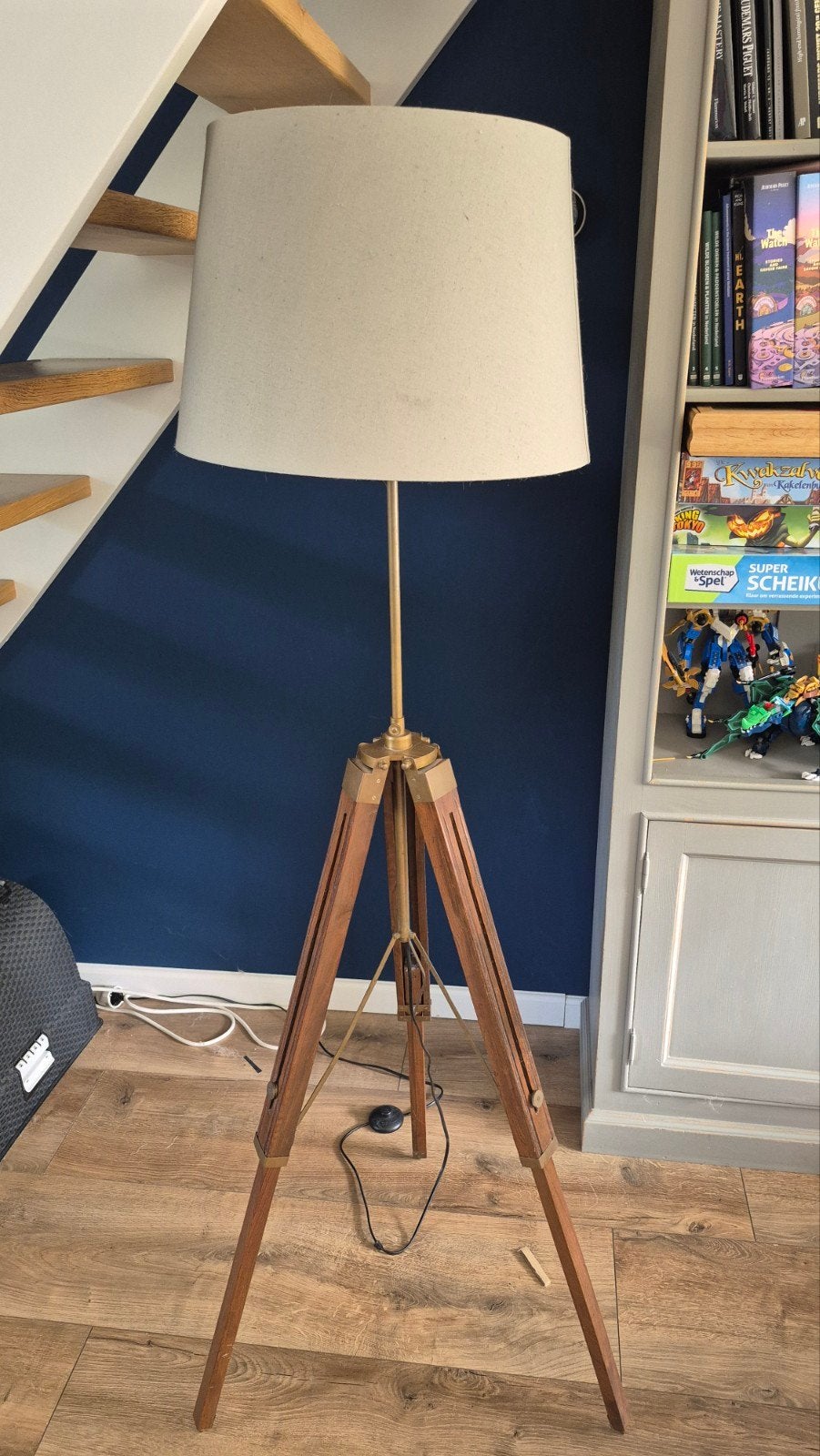 Staande lamp met Houten Statief incl Stoffen Kap, Gebruikt, E27 (groot), Textiel, 150 tot 200 cm