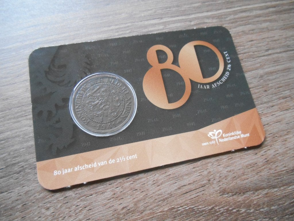 Coincard 80 jaar afscheid 2½ cent 1941 (2,5 cent), Ophalen of Verzenden, Koningin Wilhelmina, Overige waardes