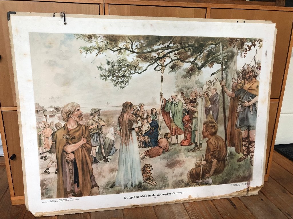 schoolplaat "Ludger predikt in de Groninger Gouwen", Ophalen, Geschiedenis